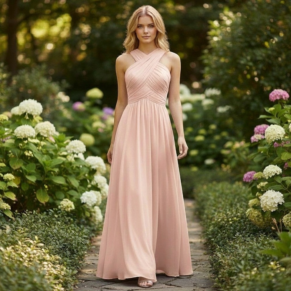 Soft Peach Chiffon Dress 16 Padded Lined Corset Halter Prom Formal Wedding NWT‎